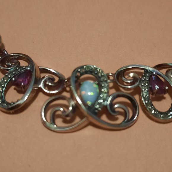 Gold Plated Silver with diamond accents, opals, pink sapphires - 17 inches - Picture 5 of 12